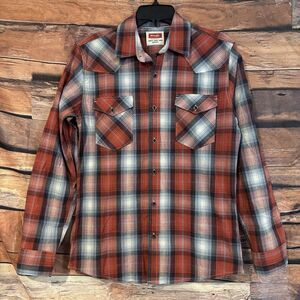 Wrangler Western Plaid Shirt Men's Red Blue Cowboy Button Up Long Sleeve Work